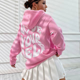 Oversized Hættetrøje til Dame – Sort med "Love Yourself" Print på Ryggen