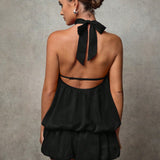 Sort Halterneck Playsuit med Ballonform og Keyhole Detalje