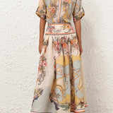 Maxinederdel med vintage print og blomsterdetaljer