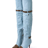 Overknee Støvler i Denimlook med Hæl og Spænder