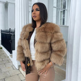 Kort Faux Fur Jakke med Panelstruktur og 3/4-Ærmer