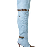 Overknee Støvler i Denimlook med Hæl og Spænder