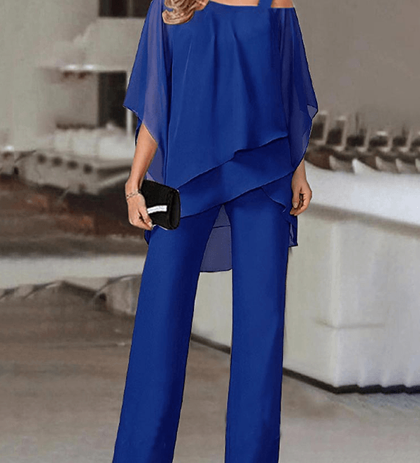 Elegant to-delt buksedragt med asymmetrisk chiffon-top