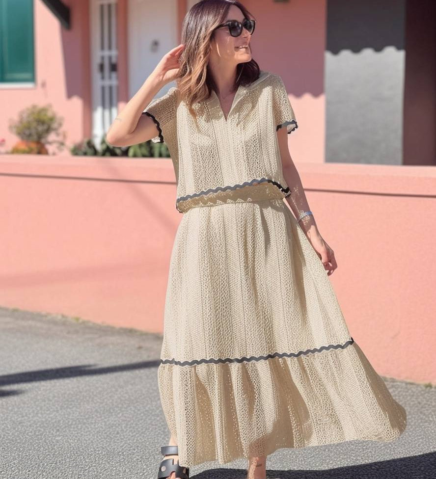 Elegant Outfit Sæt med Sorte Detaljer – Perfekt til Sommer og Fest