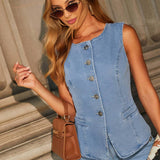 Denim sæt med vest og vide jeans – Hverdagslook med kant