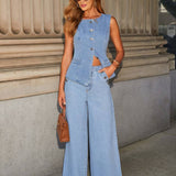 Denim sæt med vest og vide jeans – Hverdagslook med kant