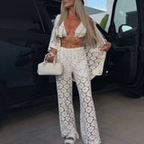 Elegant Hæklet Strandoutfit Set – Kimono, Bikini Top og Flared Bukser til Kvinder