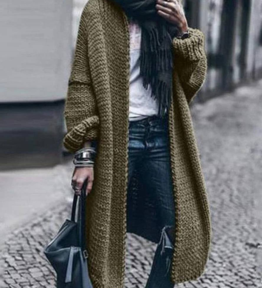 Lang Cardigan i Kraftig Strik – Oversized & Ensfarvet Grå Dame