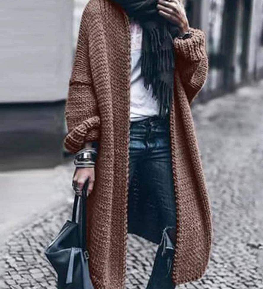 Lang Cardigan i Kraftig Strik – Oversized & Ensfarvet Grå Dame