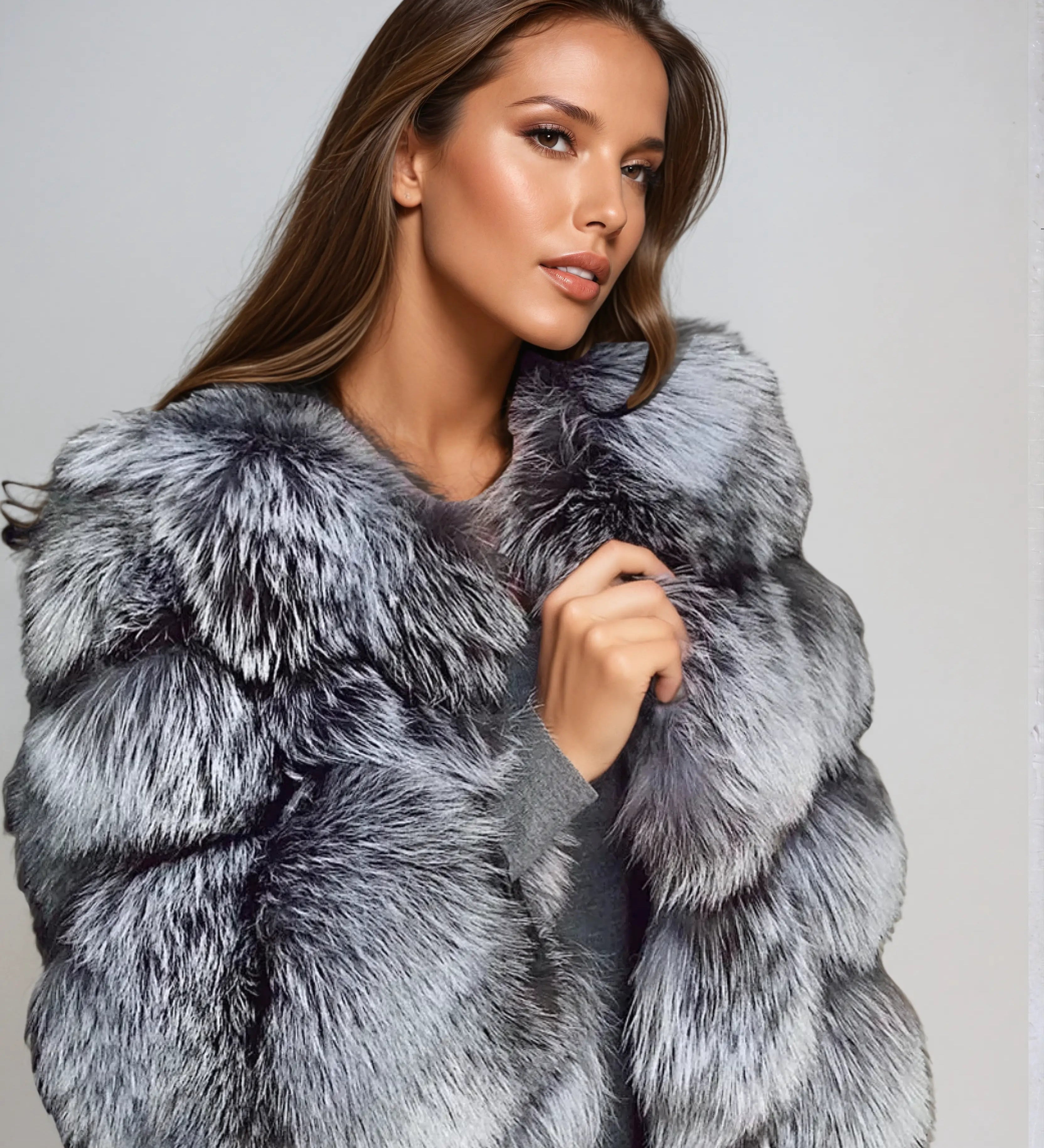 Flerfarvet Faux Fur Jakke med Panelstruktur