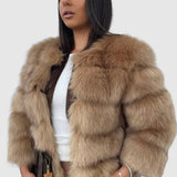 Kort Faux Fur Jakke med Panelstruktur og 3/4-Ærmer