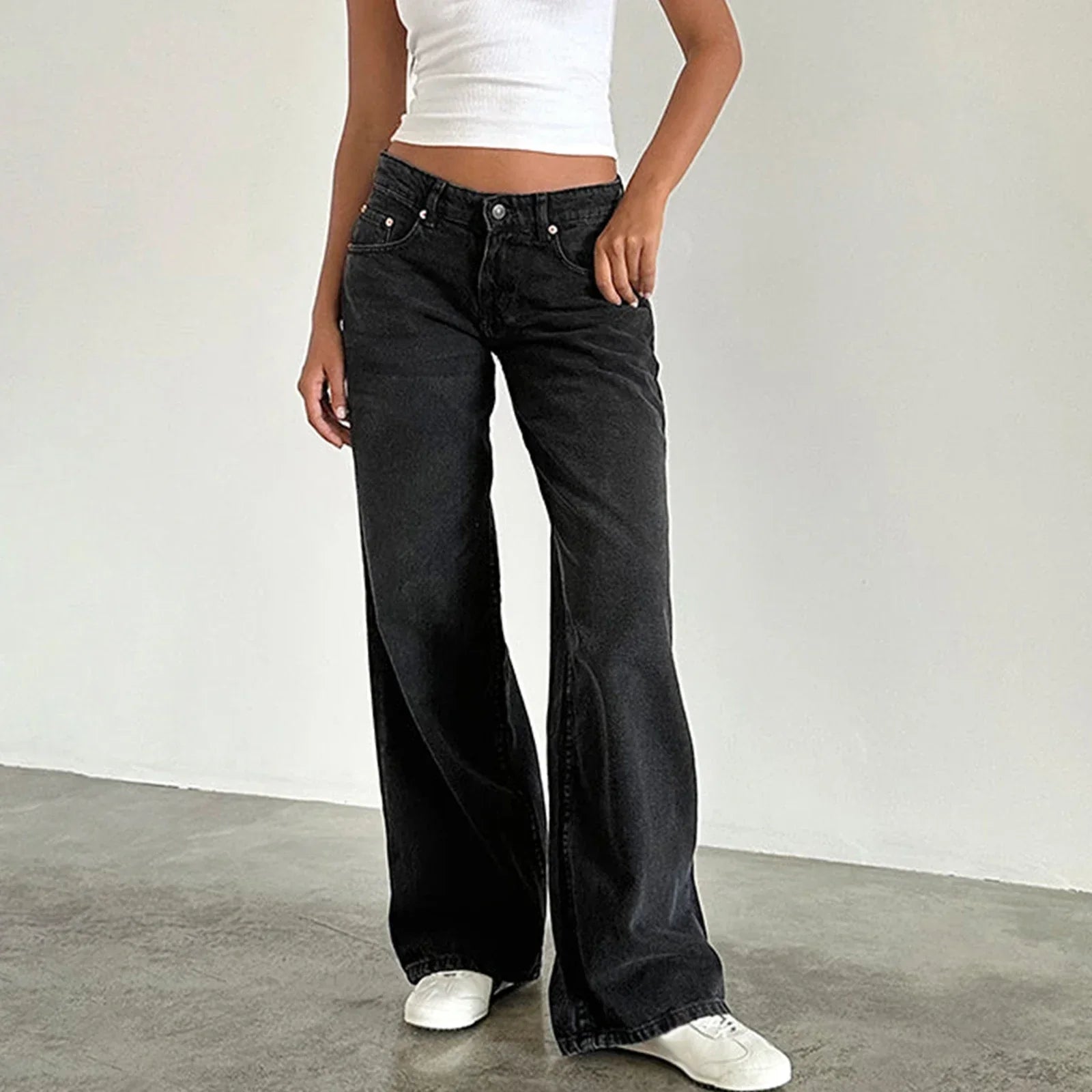 Loose Fit Jeans med Lav Talje og Afslappet Pasform