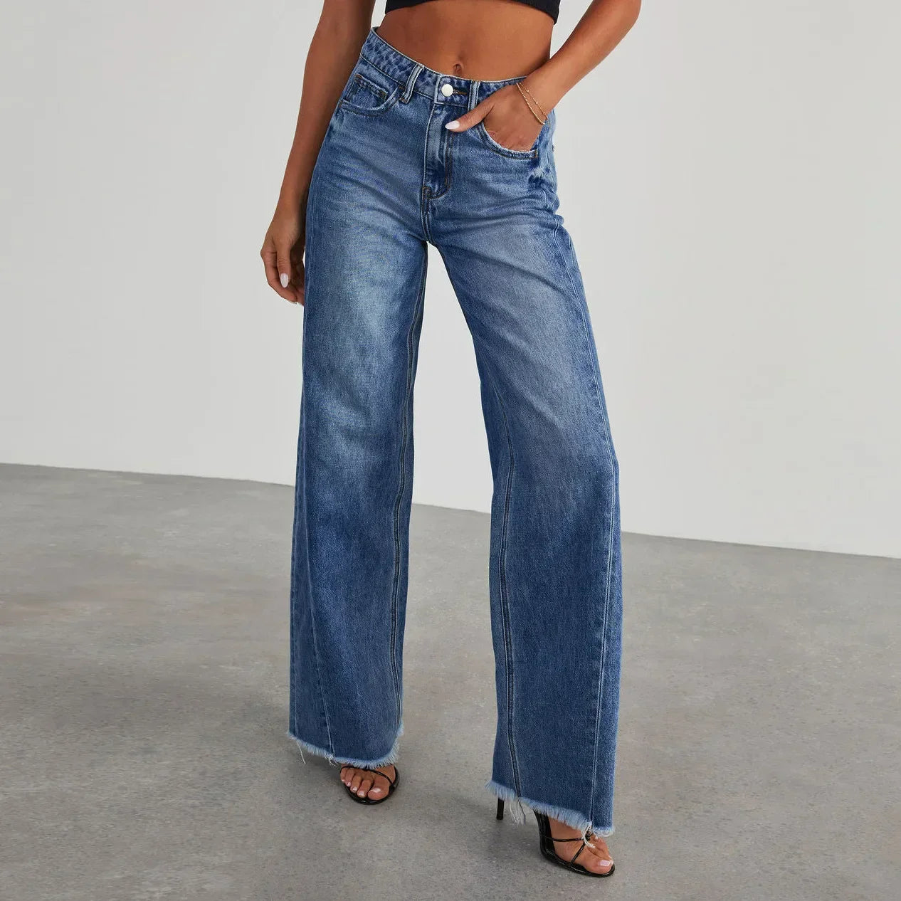 Højtaljede Wide-Leg Jeans med Rå Kant