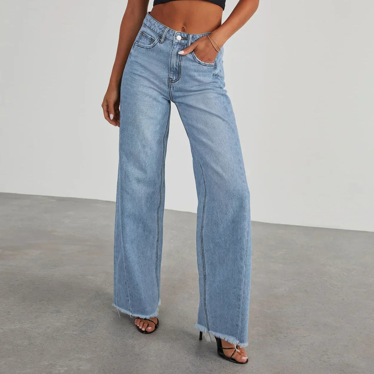Højtaljede Wide-Leg Jeans med Rå Kant