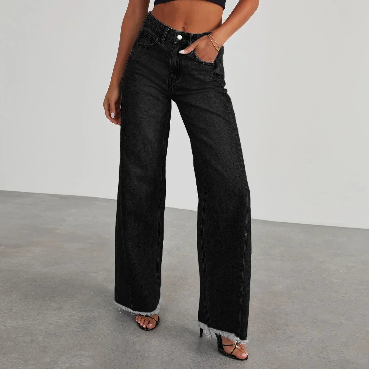 Højtaljede Wide-Leg Jeans med Rå Kant