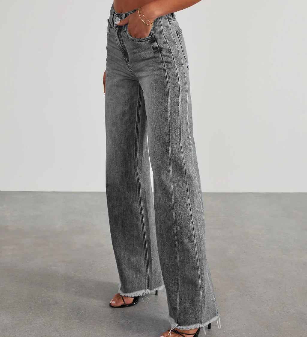 Højtaljede Wide-Leg Jeans med Rå Kant