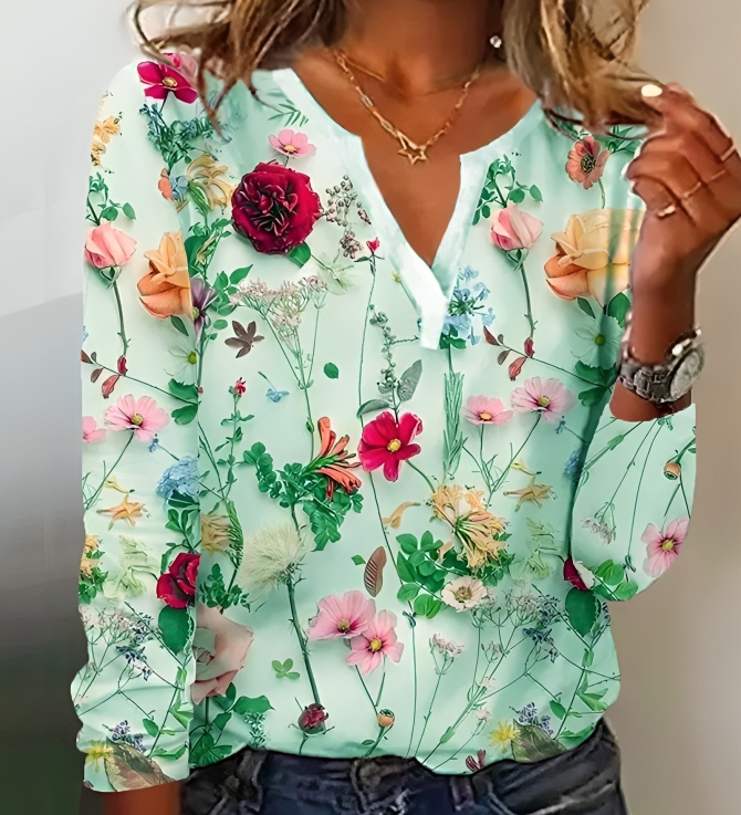 Bluse med blomsterprint og V-udskæring