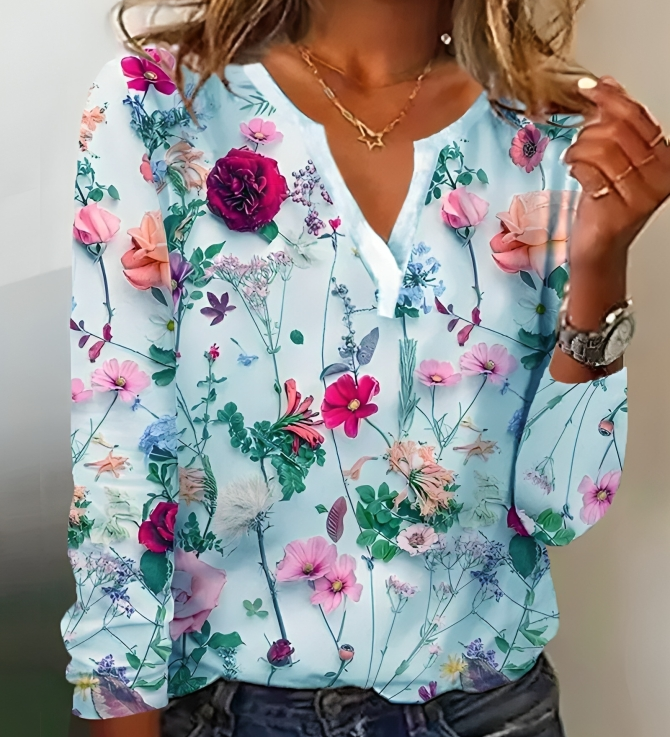 Bluse med blomsterprint og V-udskæring