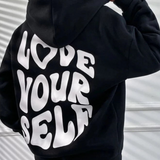 Oversized Hættetrøje til Dame – Sort med "Love Yourself" Print på Ryggen